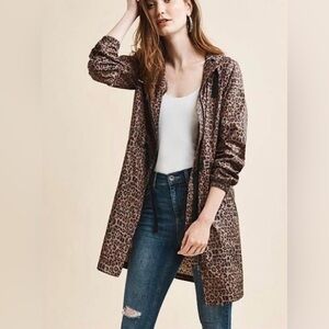 Dynamite Trench Windbraker Coat Jacket Long Cheetah Print Waist Ties SZ  Small